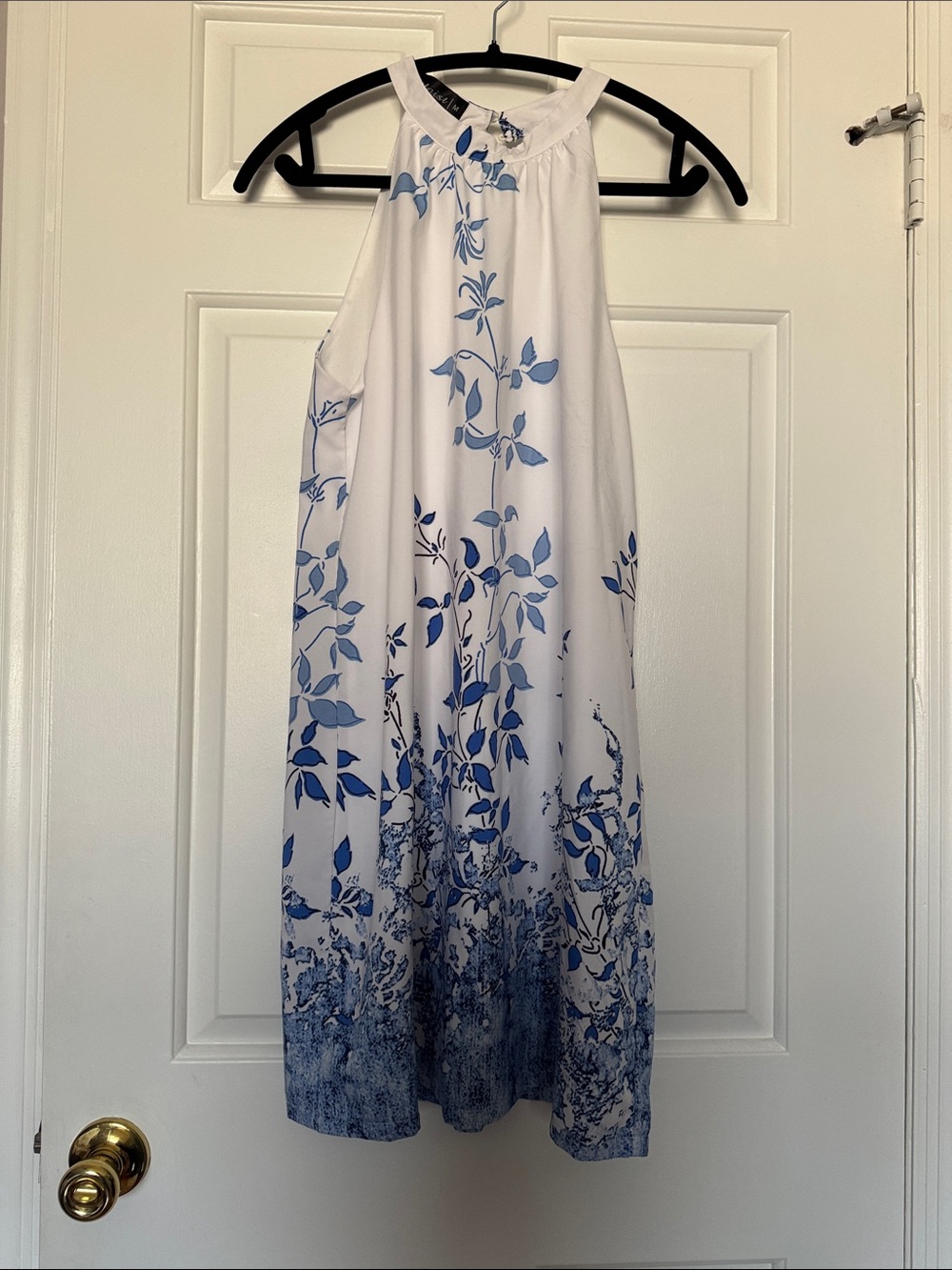 Halter Midi Dress in White with Blue Botanical Print
